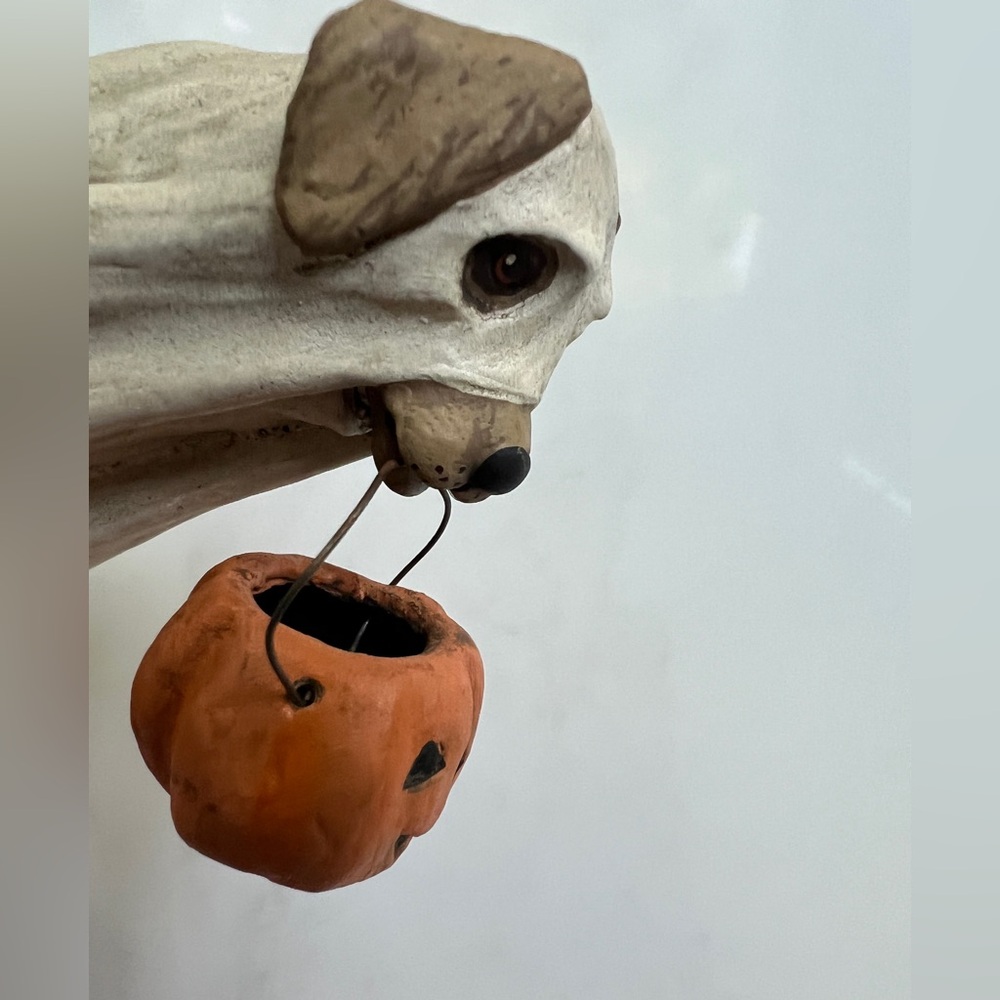 Bethany Lowe Spooky Halloween Ghost Dog with pumpkin Candy Bowl 3.5" Tall - Picture 9 of 10